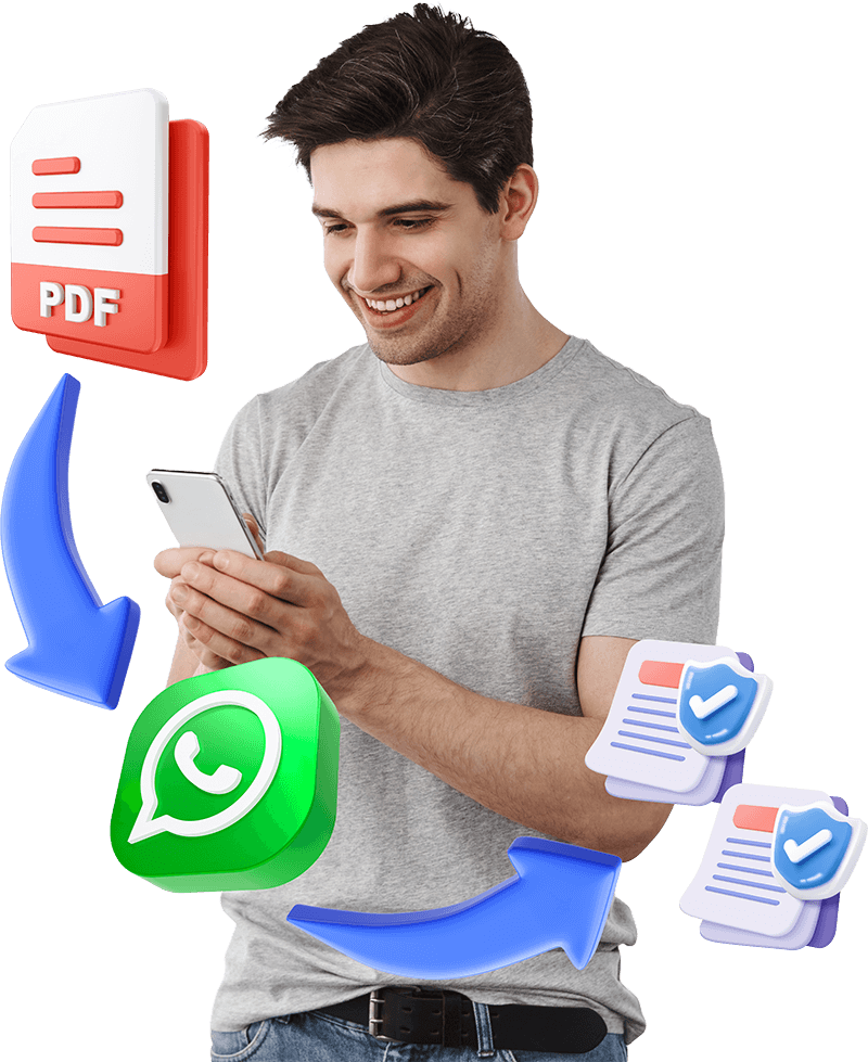 Hombre revisando su teléfono junto a íconos de WhatsApp y documentos de seguro, simbolizando la comparación de pólizas de auto y la entrega de información en PDF a través de un chatbot.