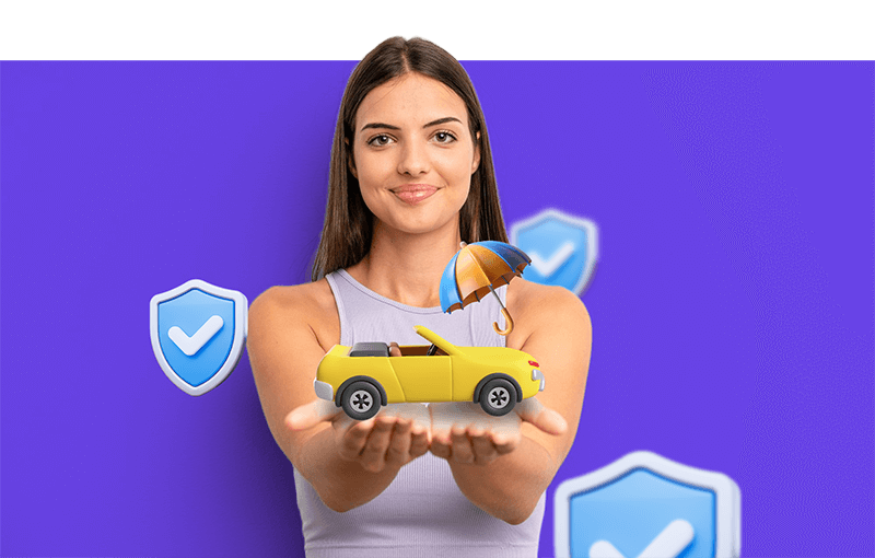 Ilustración de protección vehicular: mujer sosteniendo un auto animado bajo un paraguas, representando la comparación de coberturas de seguro de auto mediante un chatbot de WhatsApp.